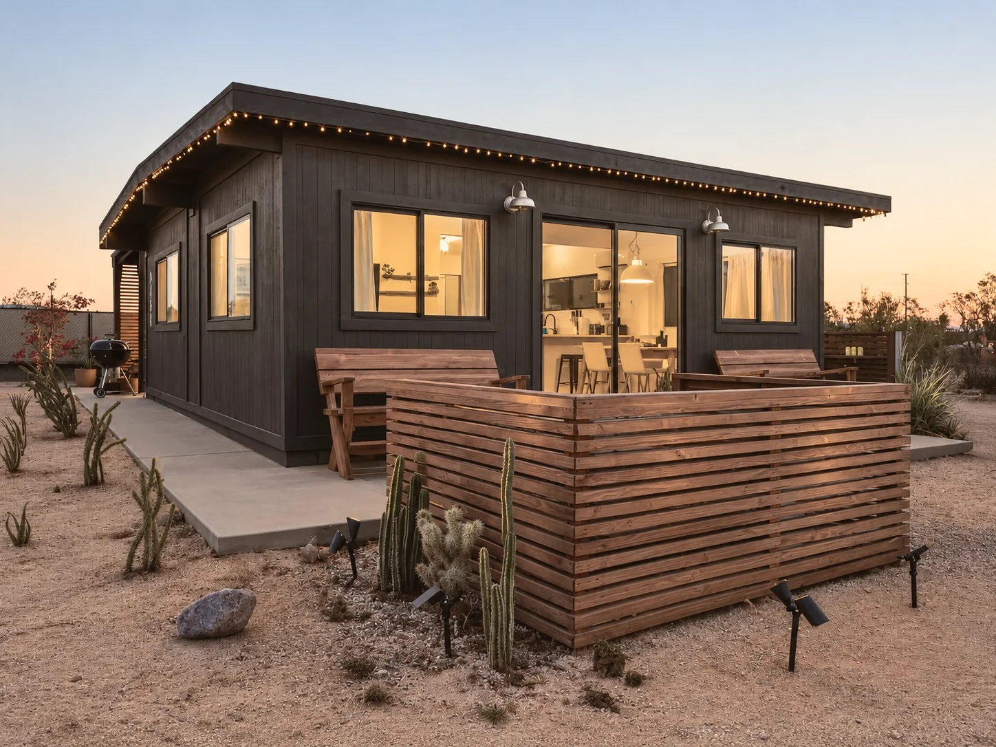 The black cabin at dusk, string lights along the roof and the windows lit, behind a slatted wood screen and cacti